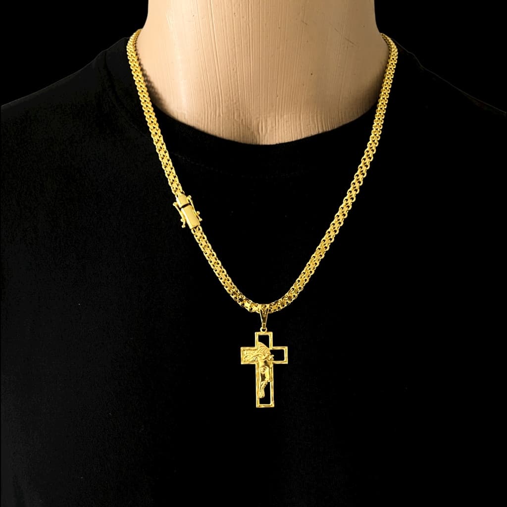 Cordão Cadeado Duplo 7mm CRUZ COM ROSTO DE JESUS - BANHO DE OURO 18K - Fecho GAVETA PREMIUM 3 TRAVAS