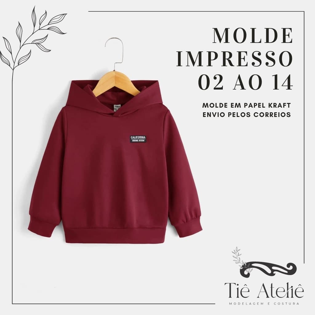 MOLDE EM PAPEL KRAFT BLUSA MOLETOM INFANTIL COM CAPUZ E BOLSO CANGURU PARA COSTURA MODELAGEM PAPEL