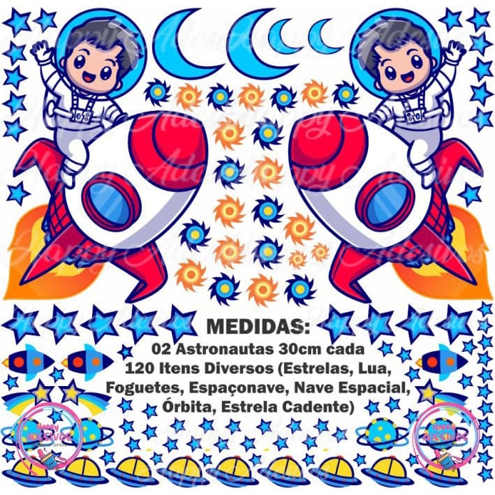 Kit 122 Adesivos Parede Quarto Decoração Astronauta Menino Nave Robos Planetas Ets