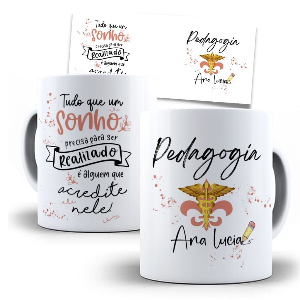 Caneca Porcelana Personalizada Pedagogia com nome
