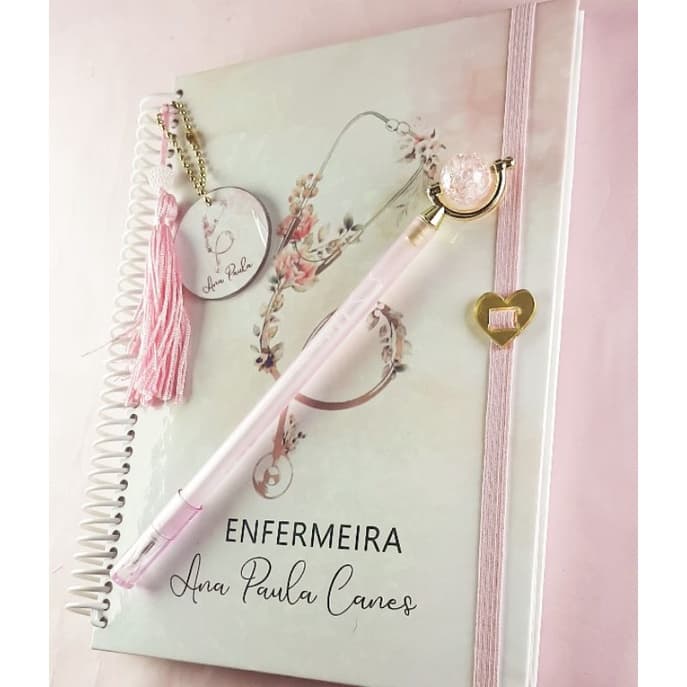 Caderno Linhas Profissões diversas /Enfermagem floral luxo personalizada e caneta fofa