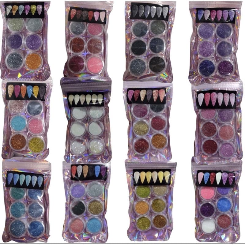 Kit 6 Potinhos de Glitter Fino Encapsulados Coloridos para Decoração de Unhas Gel Natural Acrigel gliter