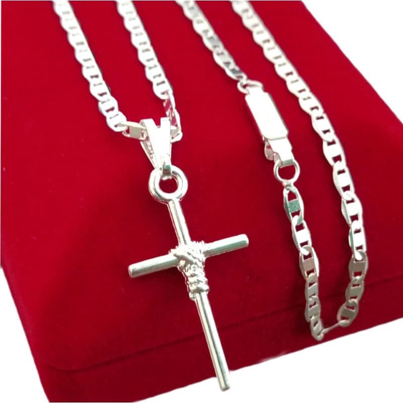Corrente Cordão Correntinha Masculino Piastrini Banhada a Prata 925 + Pingente Cruz 2mm 60cm/ 70cm/ 80cm