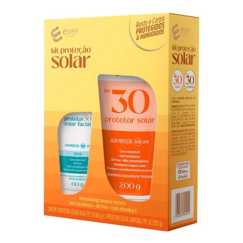 Kit Protetor Solar Facial Ever Care FPS70 40g + Protetor Solar Corporal FPS70 120g/ Kit Protetor Solar Corporal Ever Care FPS30 200g + Protetor Solar Facial FPS30 60g
