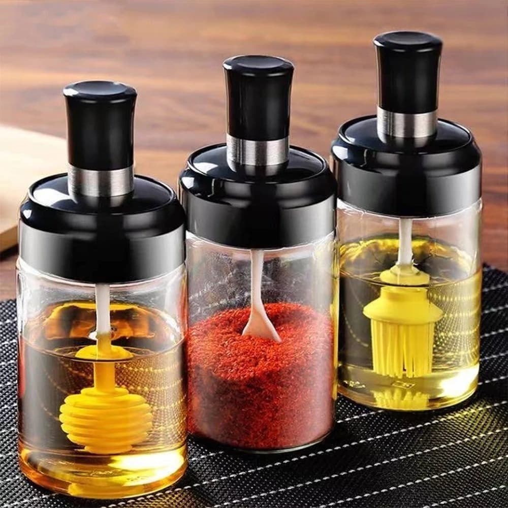 Porta Tempero com Colher, Meleira, Porta Azeite com Pincel