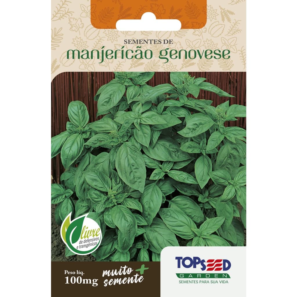 Sementes de Manjericão Genovese 100mg Topseed para Horta e Vaso Erva Aromática Tempero Molhos e Massas