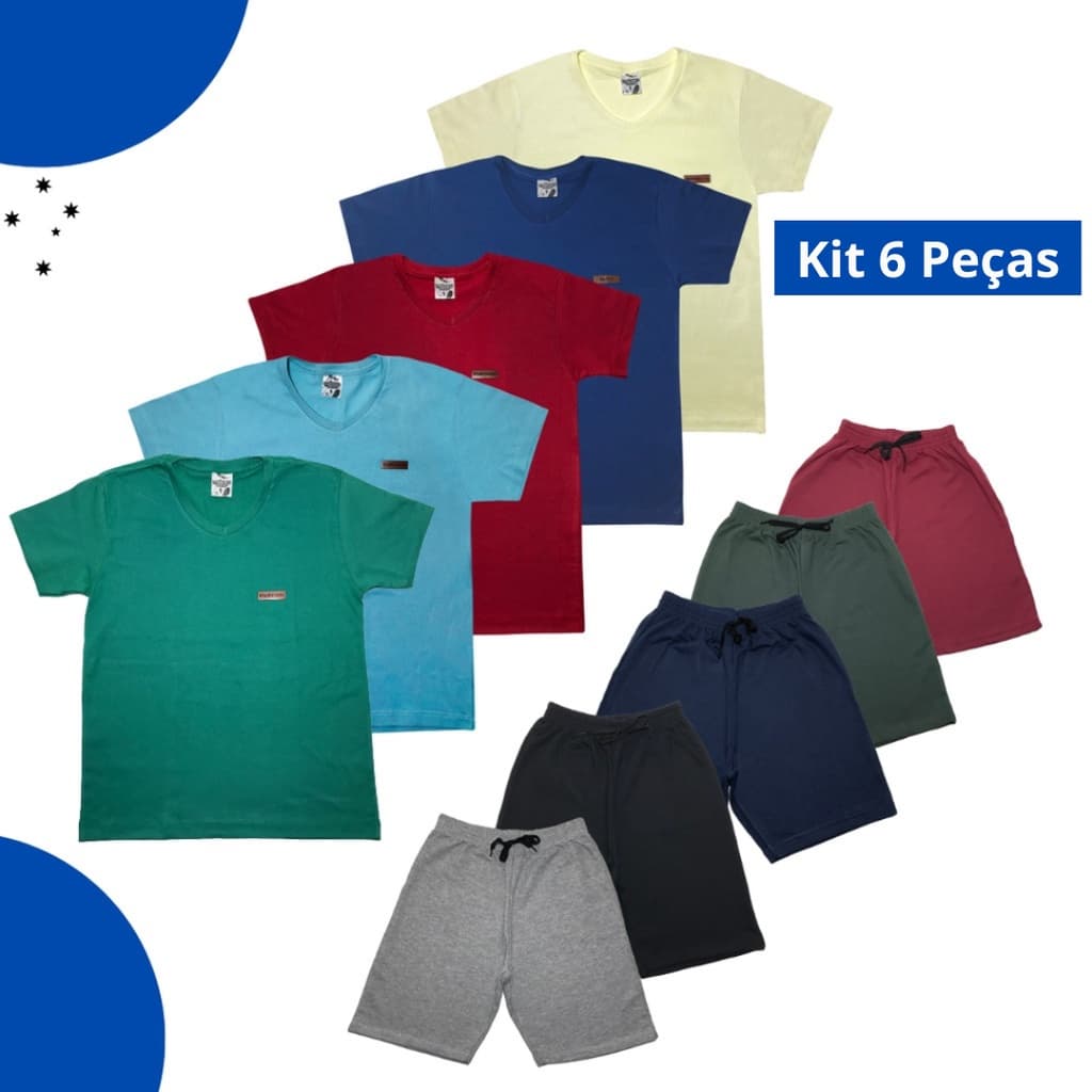 Kit 6 Peças Infantil Masculino Verão 1 ao 14 - 3 Camiseta lisa e 3 Bermuda Promoção