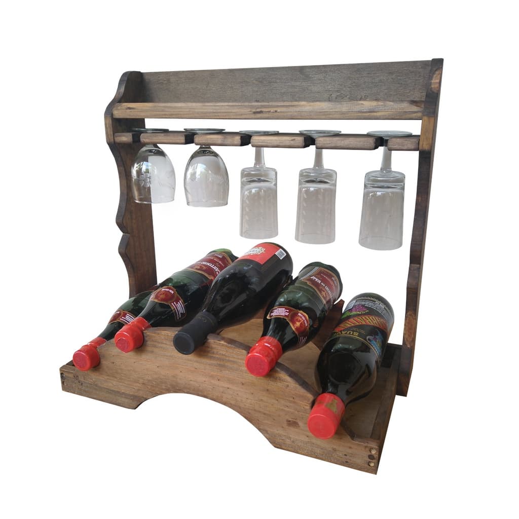 Adega de vinho de mesa para 5 garrafas em madeira estilo rústico