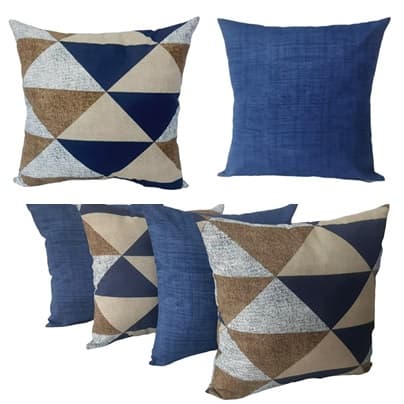 KIT 6 CAPAS ALMOFADAS 45 x 45 cm 3 ESTAMPADAS GEOMÉTRICAS AZUL E BEGE E 3 AZUL COM RISCOS E COM ZÍPER ESCONDIDO