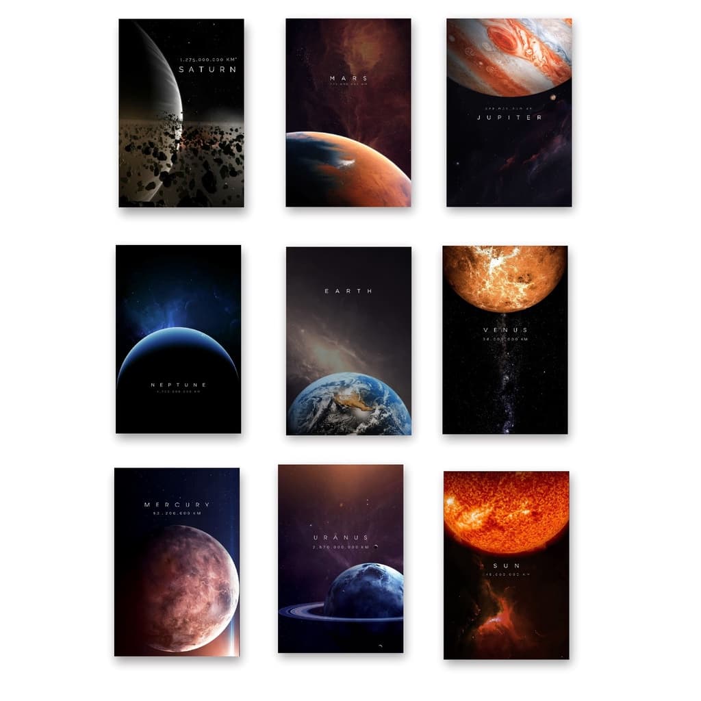 Placa/Quadro Decorativo dos Planetas do Sistema Solar com Distância de Cada Um - Astronauta - Planeta Terra - Lua - 1 Quadro - Tamanho em 40x60 - Decoração de Interiores - Quadro Decorativo