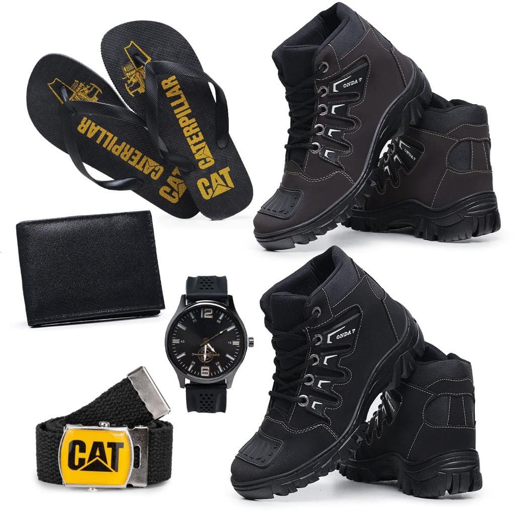 Kit 2 Bota Coturno Masculino Motociclista Militar Cano Médio + Chinelo Carteira Cinto Relógio