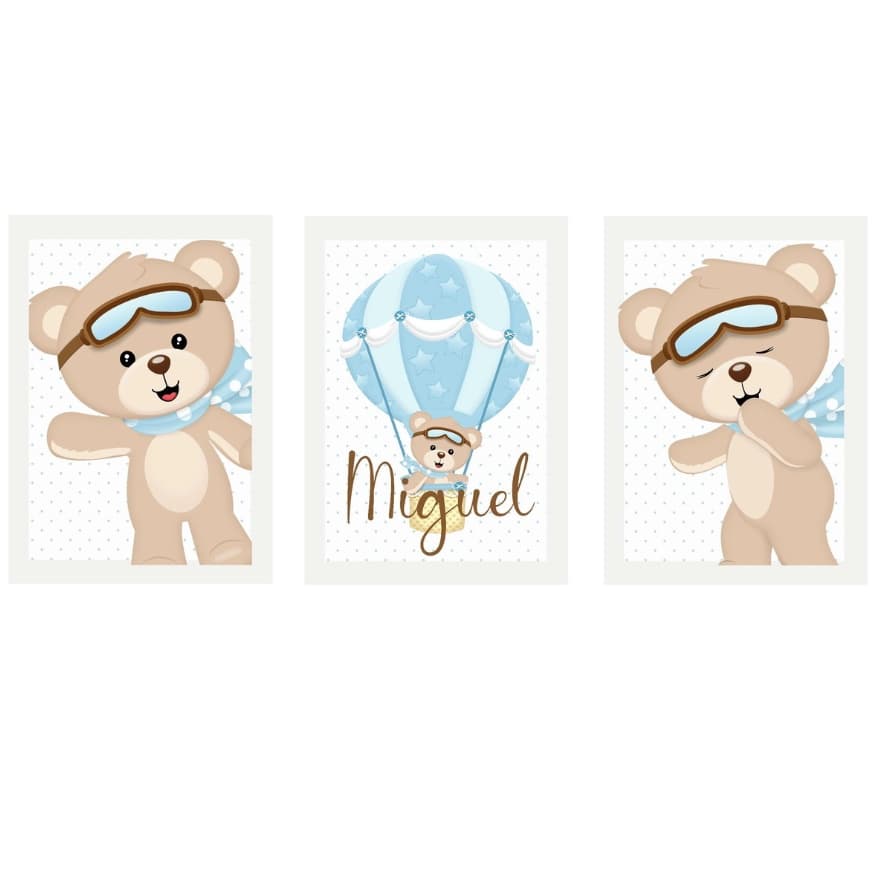 Quadro Decorativo Infantil Bebe Menino Ursinho Baloeiro
