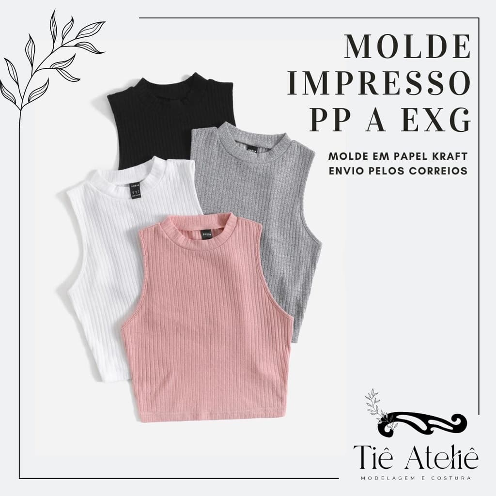 MOLDE EM PAPEL KRAFT DE CROPPED JUSTO SEM MANGAS COM GOLA PARA COSTURA MODELAGEM EM PAPEL KRAFT