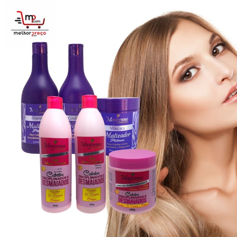Kit Matizador Platinum Remove o Amarelado + Kit Hidratação Profunda Cabelos Desmaiados e Disciplinados  Maycrene 6x500