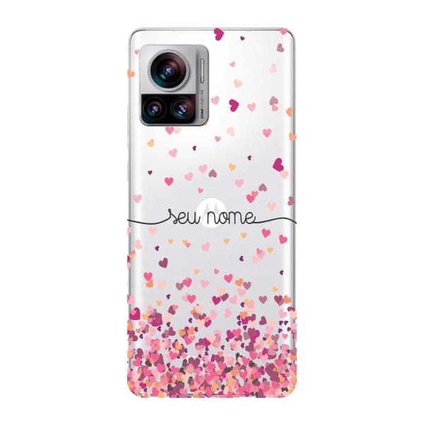 Capinha para Moto Edge 30 Ultra Anti Impacto Personalizada - Chuva de corações rosa com nome