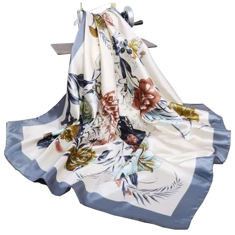 Lenço Seda Cetim Grande Estampado Cabeça Pescoço Acessório Flores 90cmx90cm
