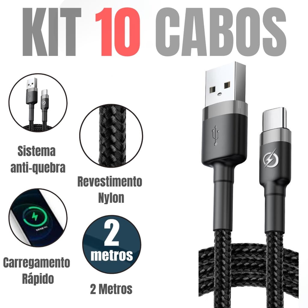 Kit 10 Cabos Tipo C Usb Carregador Rápido 2 Metros Atacado