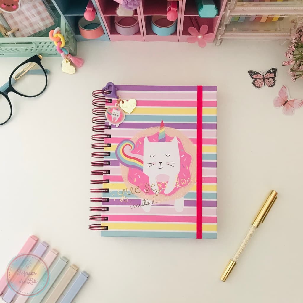 Caderno espiral A4 pautado gatinho unicórnio