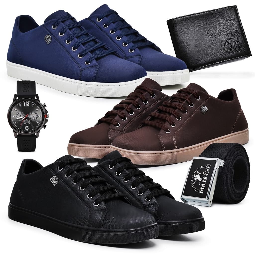 Kit 3 Tênis Polo Fran Sapato Masculino Casual + Relógio + Carteira + Cinto London