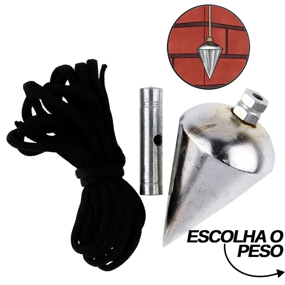 Prumo de Centro 200g a 500g Construção Pedreiro Obra Corpo em Aço Cromado Corda Nylon
