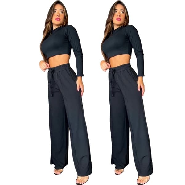 Kit 2 Calças Pantalona Feminina Com Elástico Na Cintura Tecido Duna Moda Blogueira