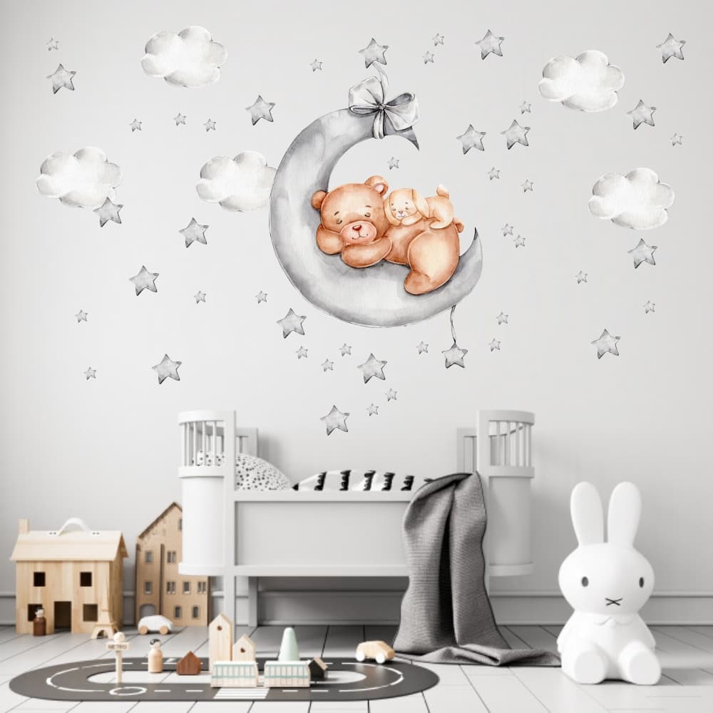 Adesivos de Parede Infantil Ursinho e coelho na lua com nuvens e estrelas aquarela decoração quarto de bebê