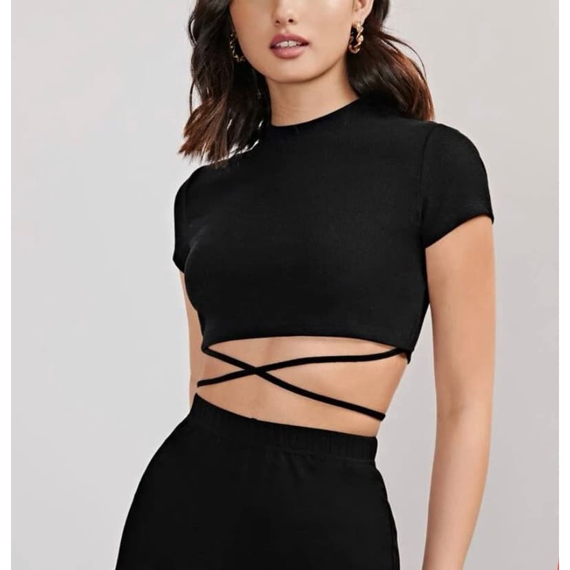 Blusa cropped feminino manga curta trançado canelado moda gringa