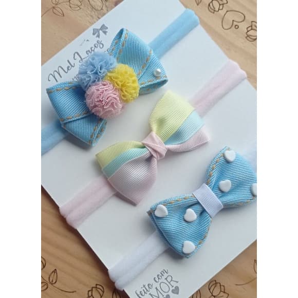 kit com 3 laços jeans colors na faixinha de bebê RN/laços de bebê/saída maternidade