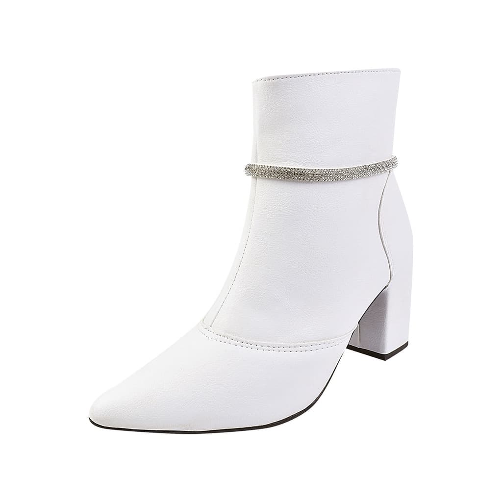 Sapato Bota da Moda Feminina Enfeite Brilho Removível Bico Fino Salto Grosso 8cm Zíper Tendência Outono/Inverno