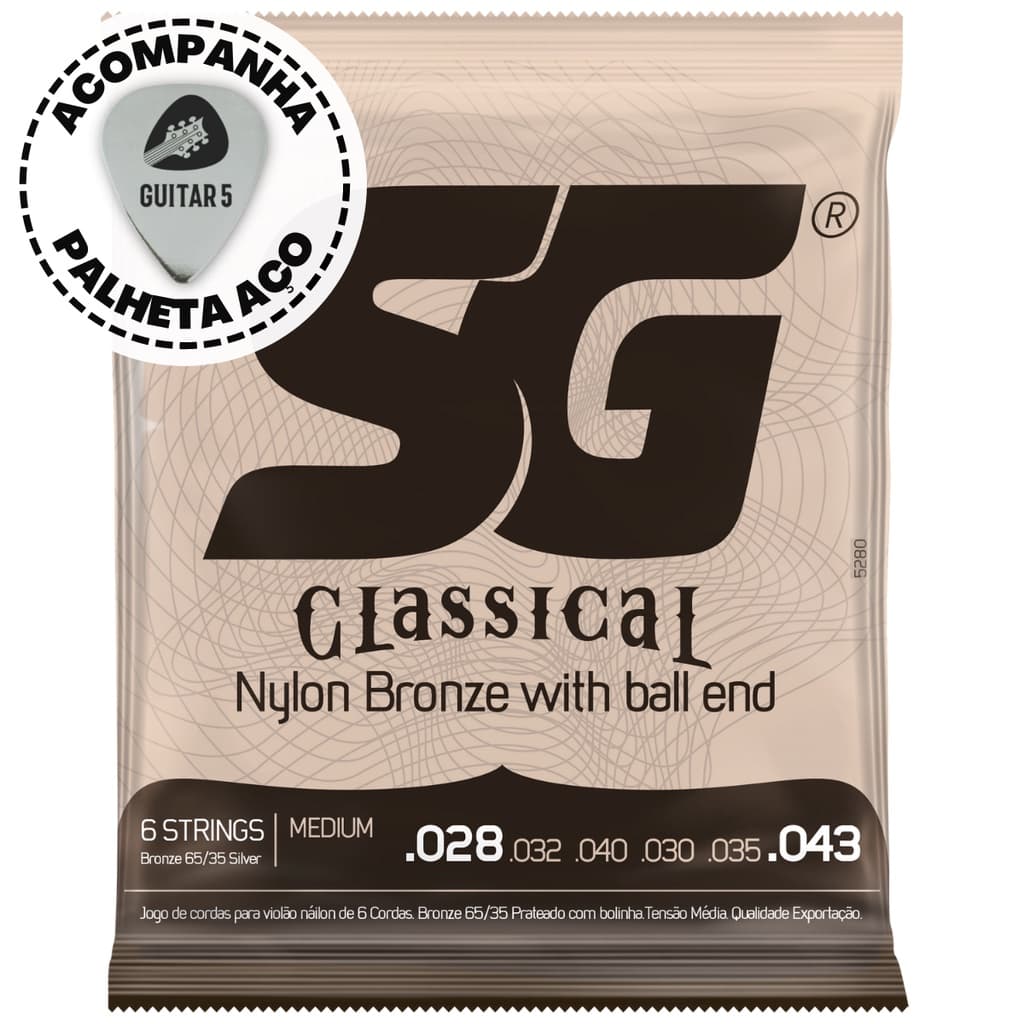 Encordoamento / Jogo De Cordas Para Violão Nylon SG Strings Tensão Média Com Bolinha 5280 - Corda de Nailon Violao Classico 028 Normal Tension