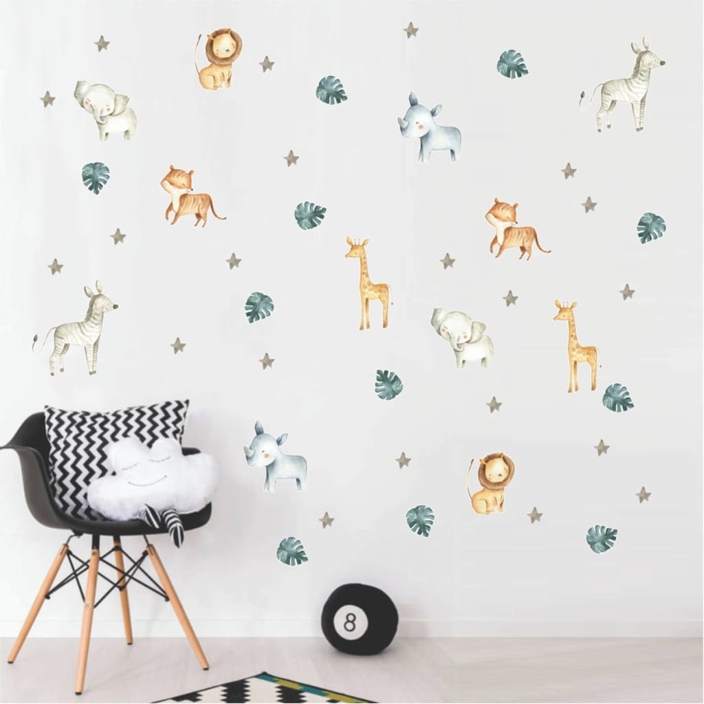 Adesivo de Parede Bichinhos Safari Aquarela folhas estrelas decoração quarto de bebê