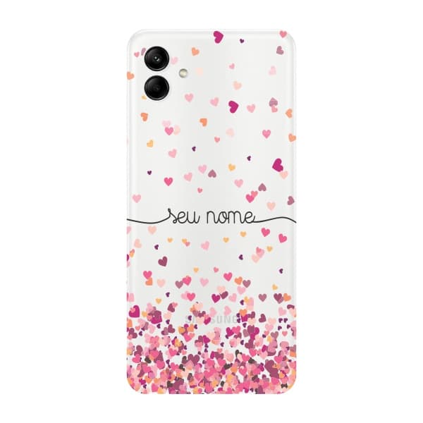 Capinha para Samsung A04 Anti Impacto Personalizada - Chuva de corações rosa com nome