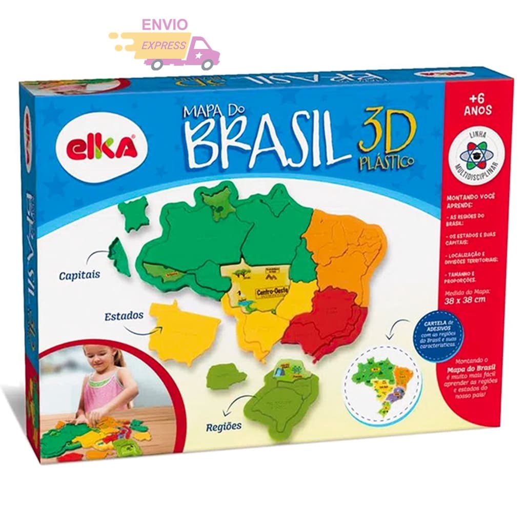 Brinquedo Pedagógico Quebra Cabeça Mapa do Brasil 3D Educativo e Infantil Didático Infantil Elka