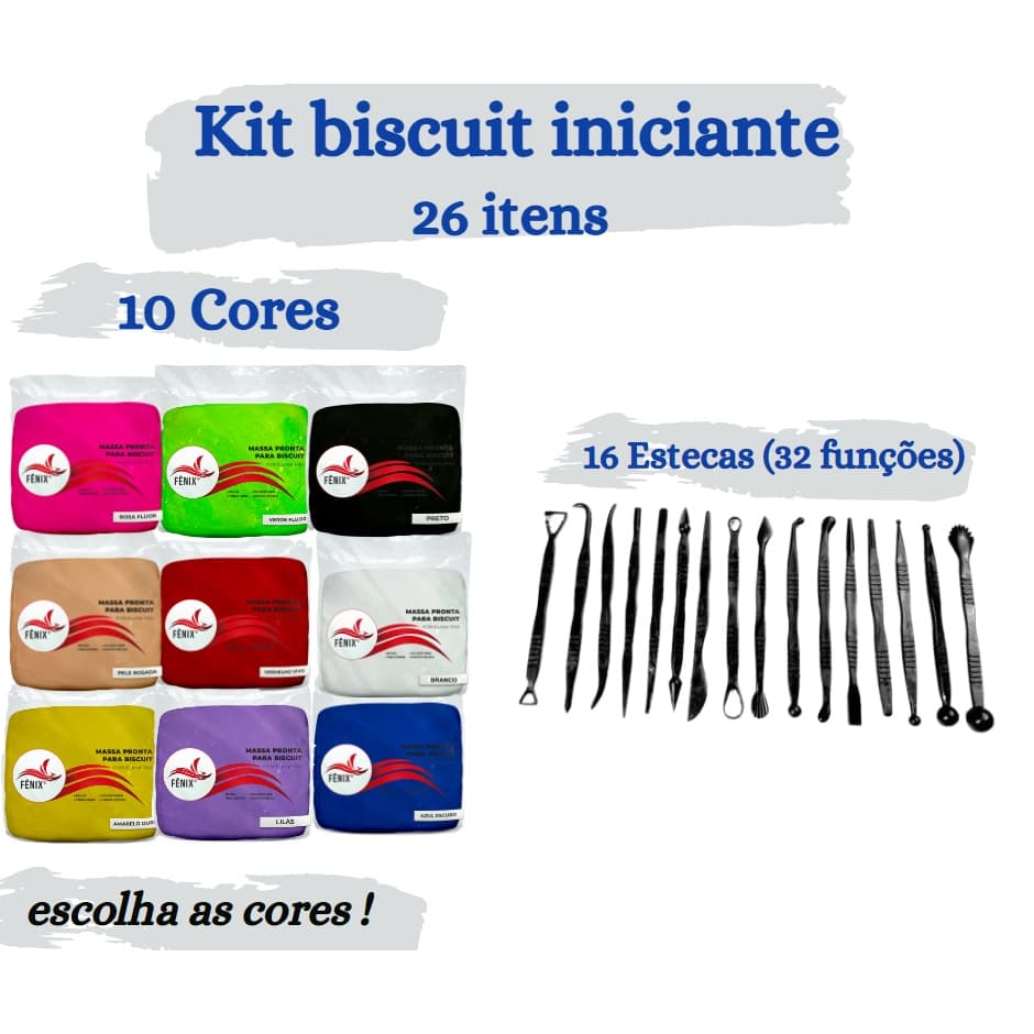 Kit Iniciante Biscuit - 10 Massas + 16 Estecas - Oferta Escolha as cores