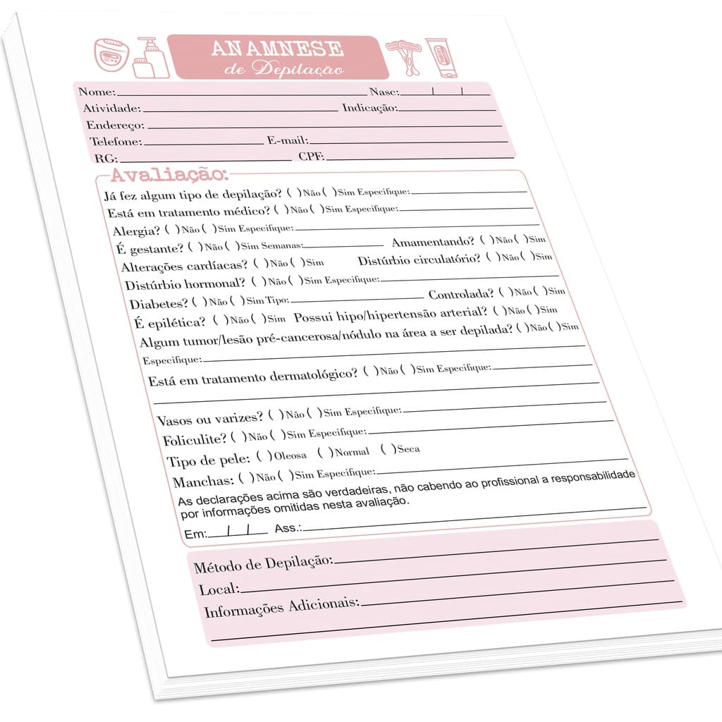 Ficha de Anamnese Depilação (100 folhas)