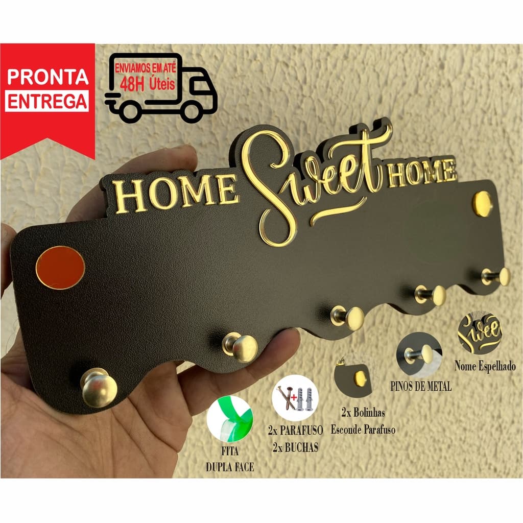 Porta Chaves Home Sweet Home, MDF Preto , Com Detalhes Espelhado