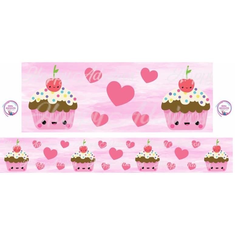 Faixa Adesiva Decorativa Border Infantil Cupcake Confeitaria Coração Rosa Personalizado Decoração Quarto Papel de Parede Adesivo
