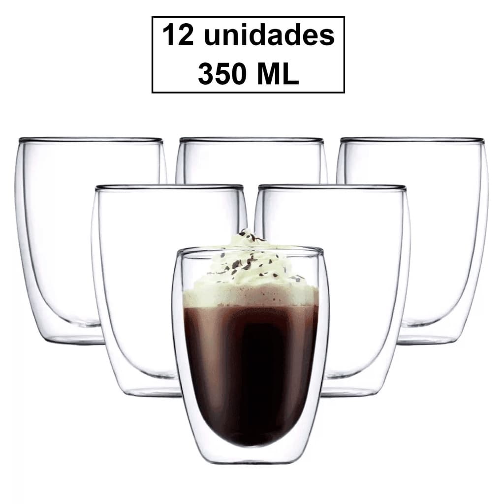 Conjunto 12 Copos Parede Dupla de Vidro 350 ml para Café Chá Suco Cerveja Chopp Copo Duplo Isolante KIT 12 Copos