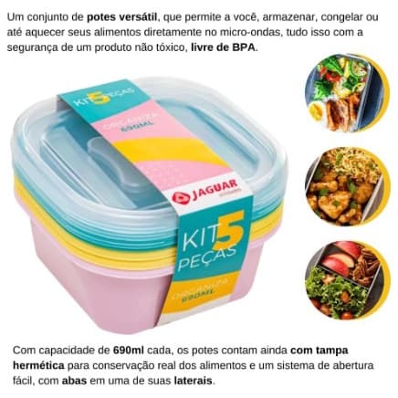 KIT 5 Potes De Plastico Versatil 690ML - Pote Quadrado De Plastico Conjuto De Potes Jaguar