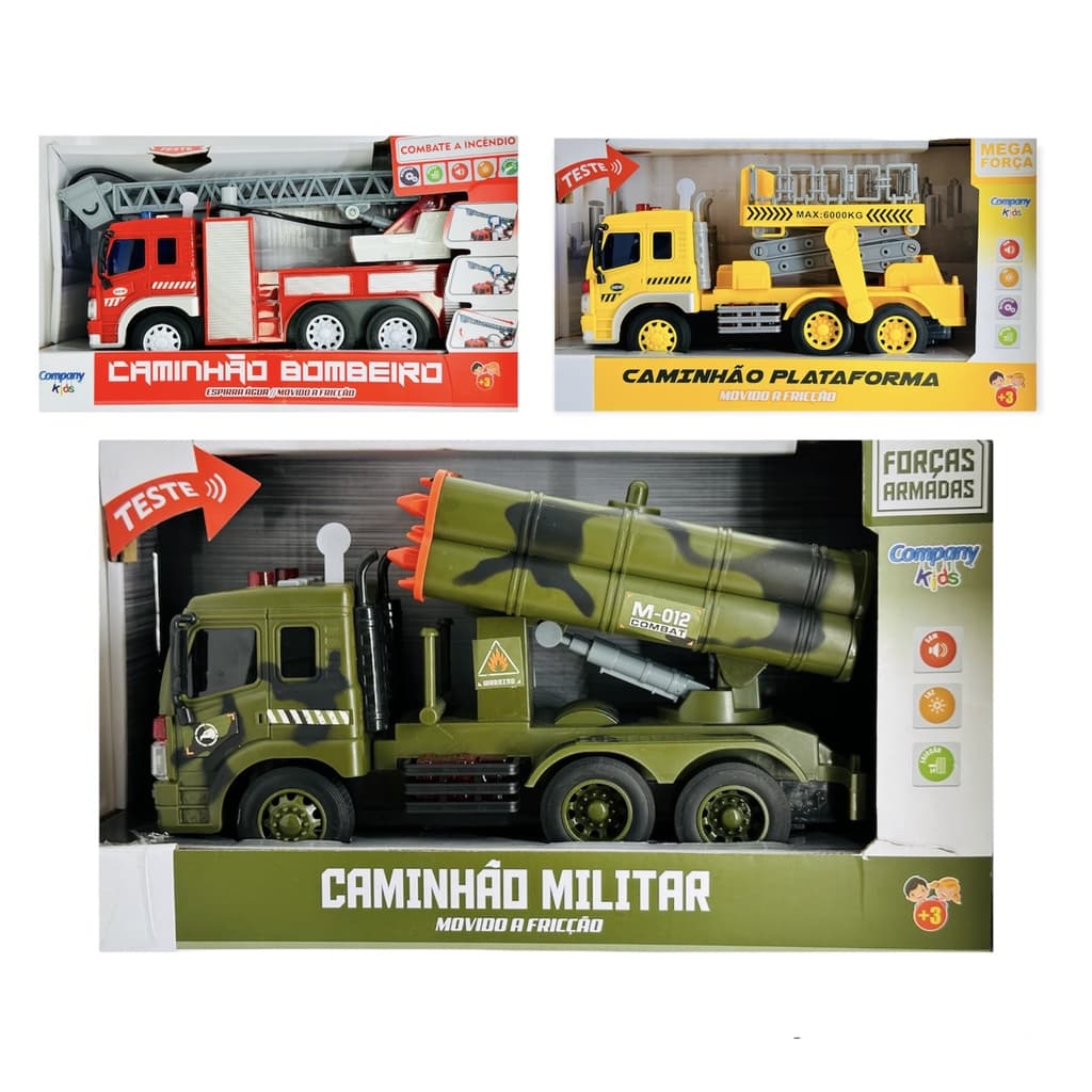 Caminhão de Brinquedo Grande Militar Contrução Bombeiro Grande Com Luz e Som