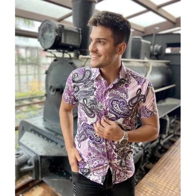 Camisa Social Masculina Floral Manga Curta Estampada