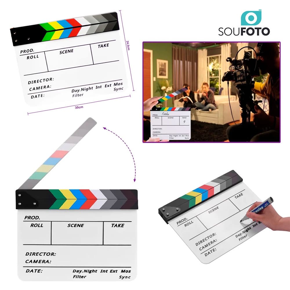 Claquete de Cinema Profissional Branca Colorido Acrílico com Imã tamanho 30x24cm CPG-01 Sou Foto
