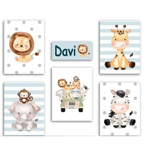 Quadros decorativos safari 6 peças com o nome do seu baby para seu enxoval
