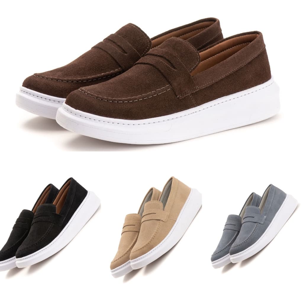 Tênis Mocassim Couro Sintético Camurça Sola Alta Estilo E Conforto Calçado Masculino Urbano Top Novo