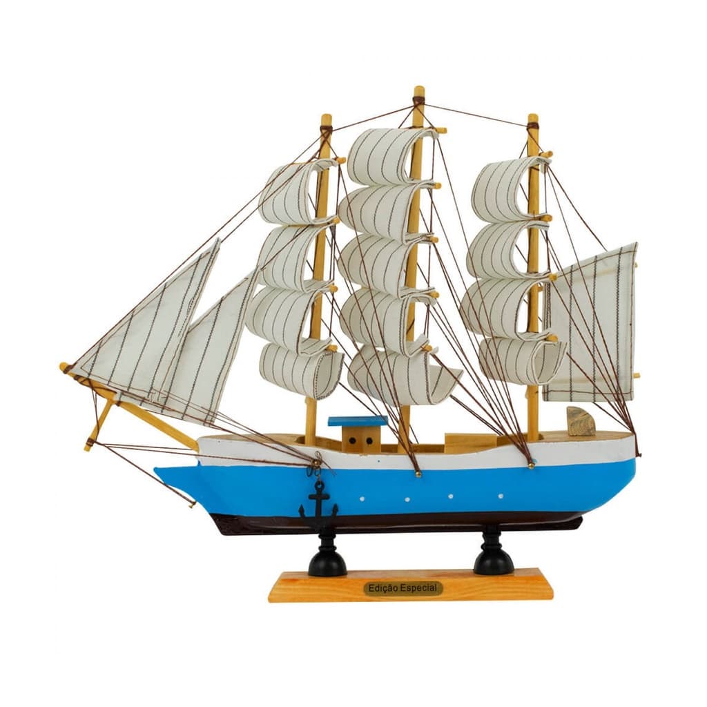 Miniatura Barco Navio Veleiro Madeira Casco Azul 26x5x29cm