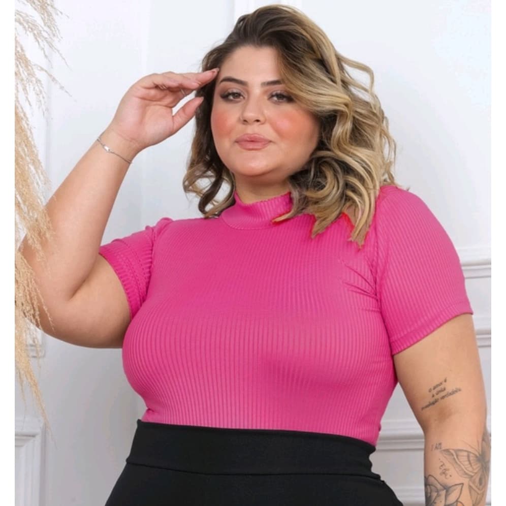 Blusa Gola Alta Plus Cize Malha Canelada Varias Cores