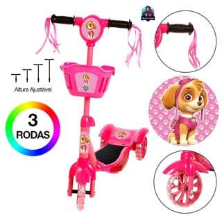 Patinete Musical 3 Rodas Cesta E Luzes Patrulha Canina   *FEMININO ROSA*