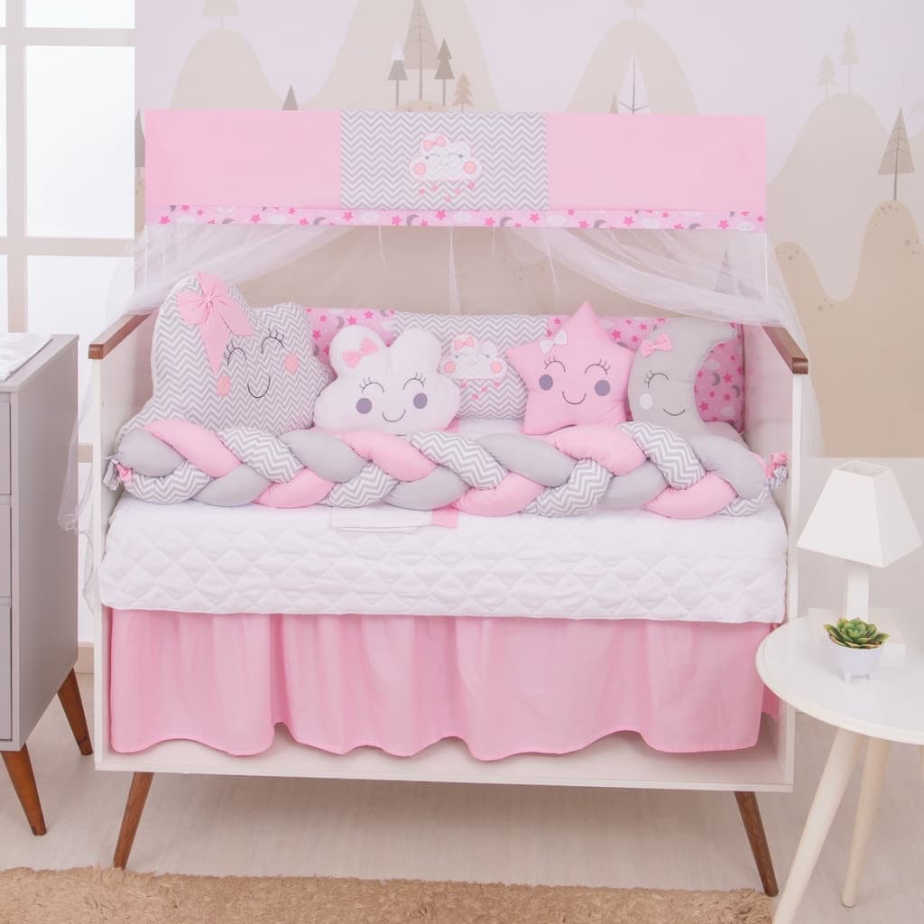 Kit  Berço 12 Peças Menina Rosa Formato  Nuvem Estrela Lua