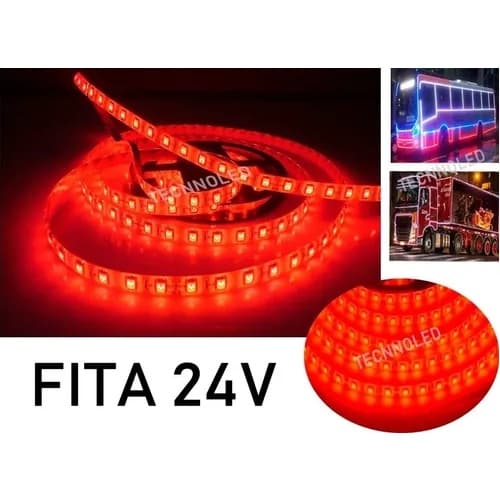 Fita Led 24v 5050 Vermelha IP65 C/ 300 LEDS 5 Metros Adesivo Dupla Face Para Caminhão Ônibus
