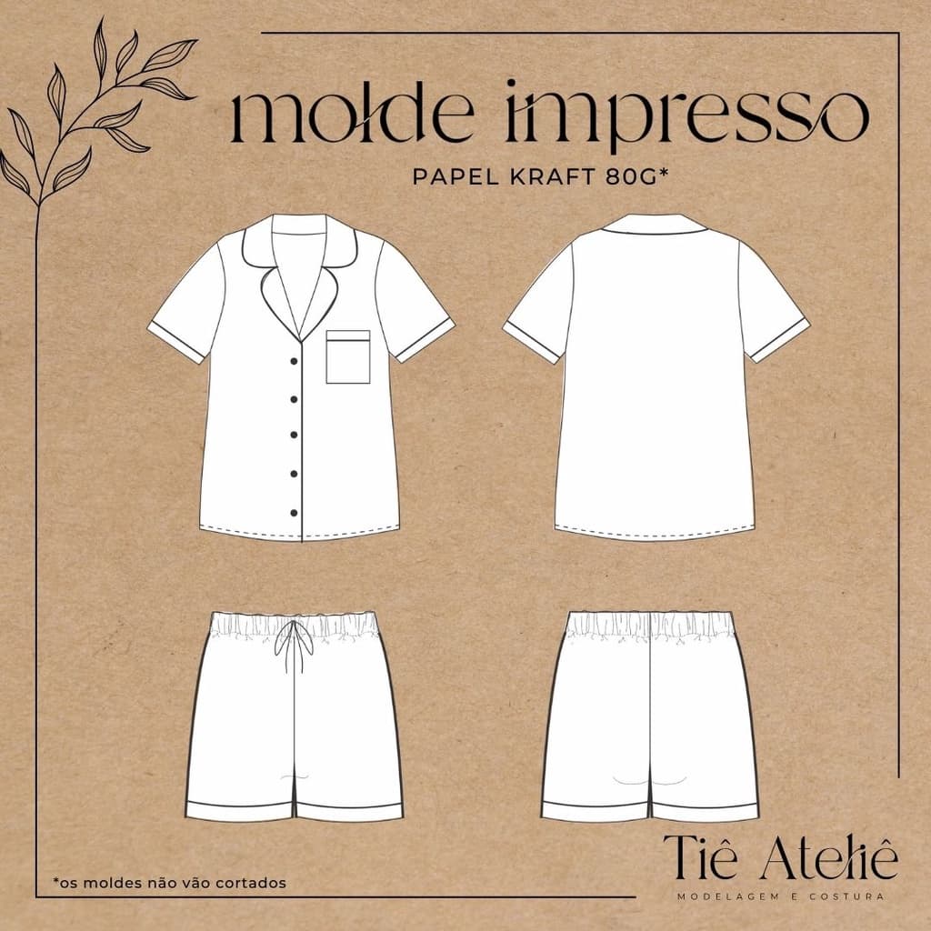 MOLDE EM PAPEL KRAFT PIJAMA AMERICANO FEMININO CURTO PARA COSTURA MODELAGEM EM PAPEL KRAFT